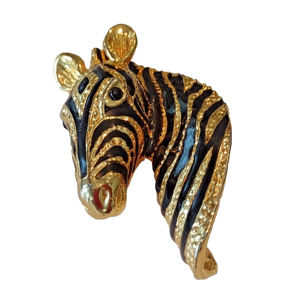 VINTAGE CINER ZEBRA BROOCH Enamaled Gold Tone 3" Unmarked  Excellent